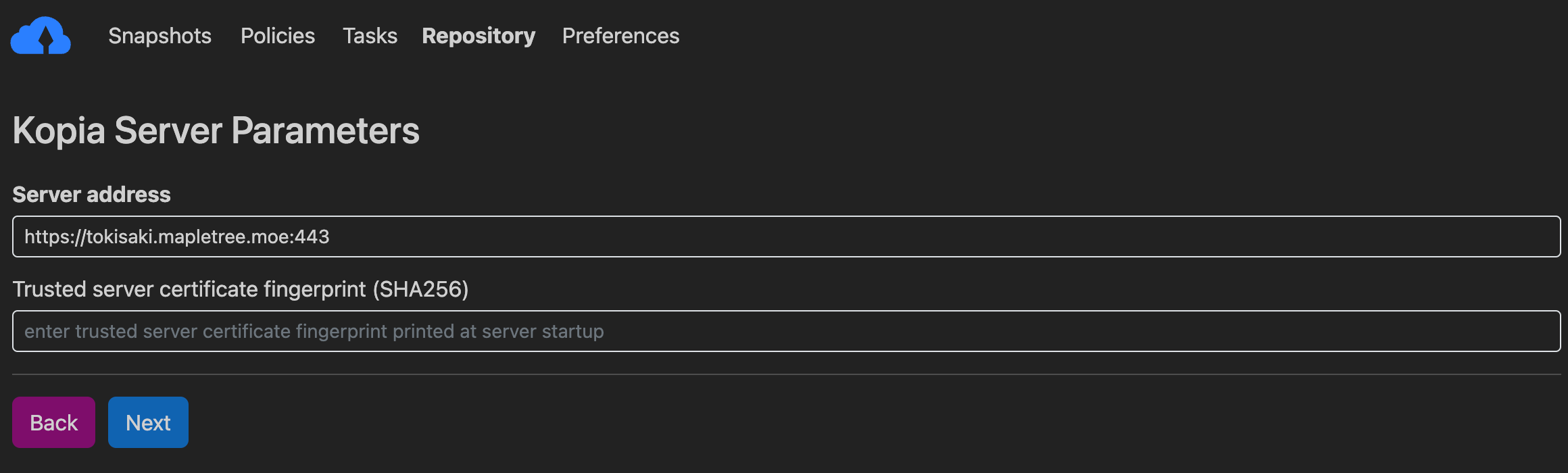 Kopia Server Parameters